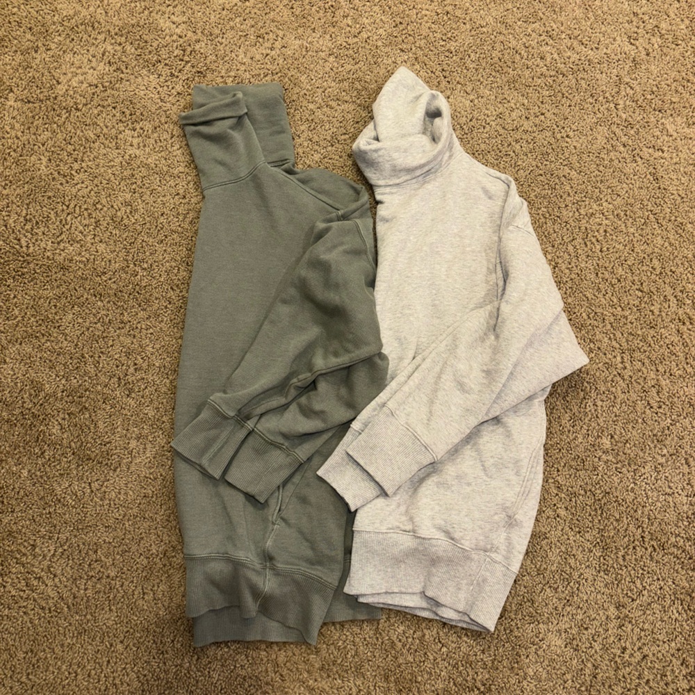 2 aerie Turtleneck Sweatshirts - Olive Green & Light Gray